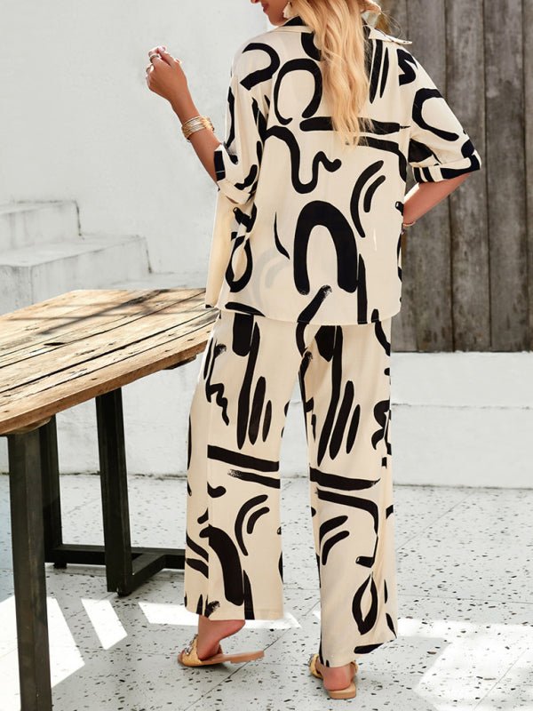 New women's casual fashion printed lapel short - sleeved shirt and trousers vacation suit - Pant Suit